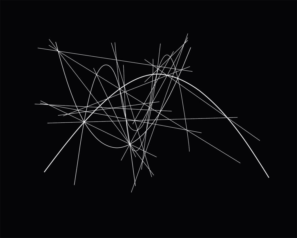 Intersecting white arcs and radiating lines