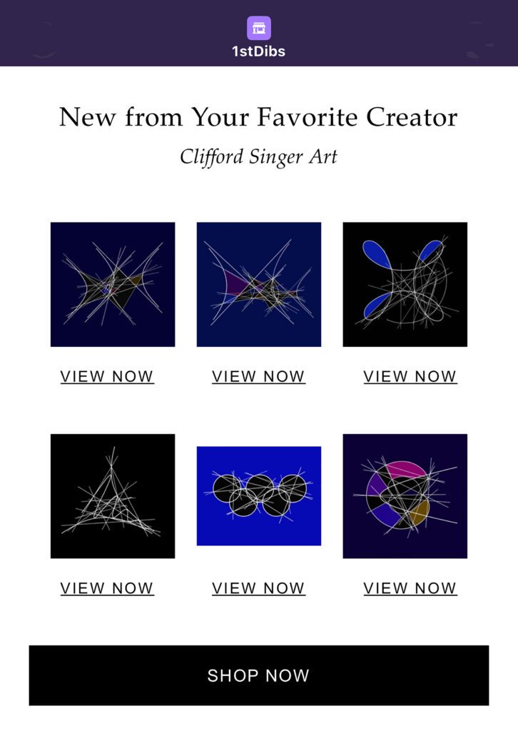 Email layout showing six artwork thumbnails