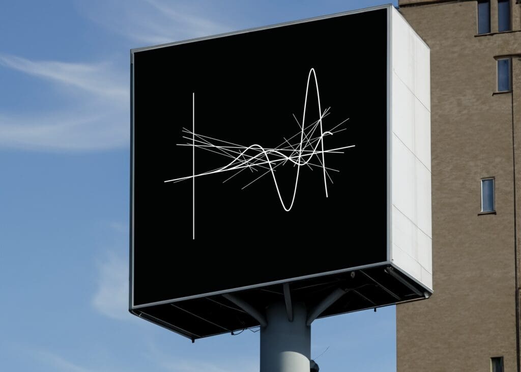 Large billboard showing white sine curve and spikes