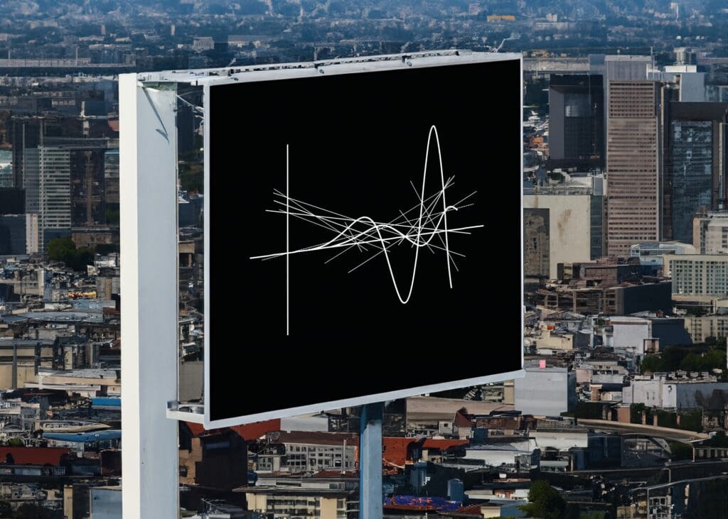 Billboard with white waveform design over city