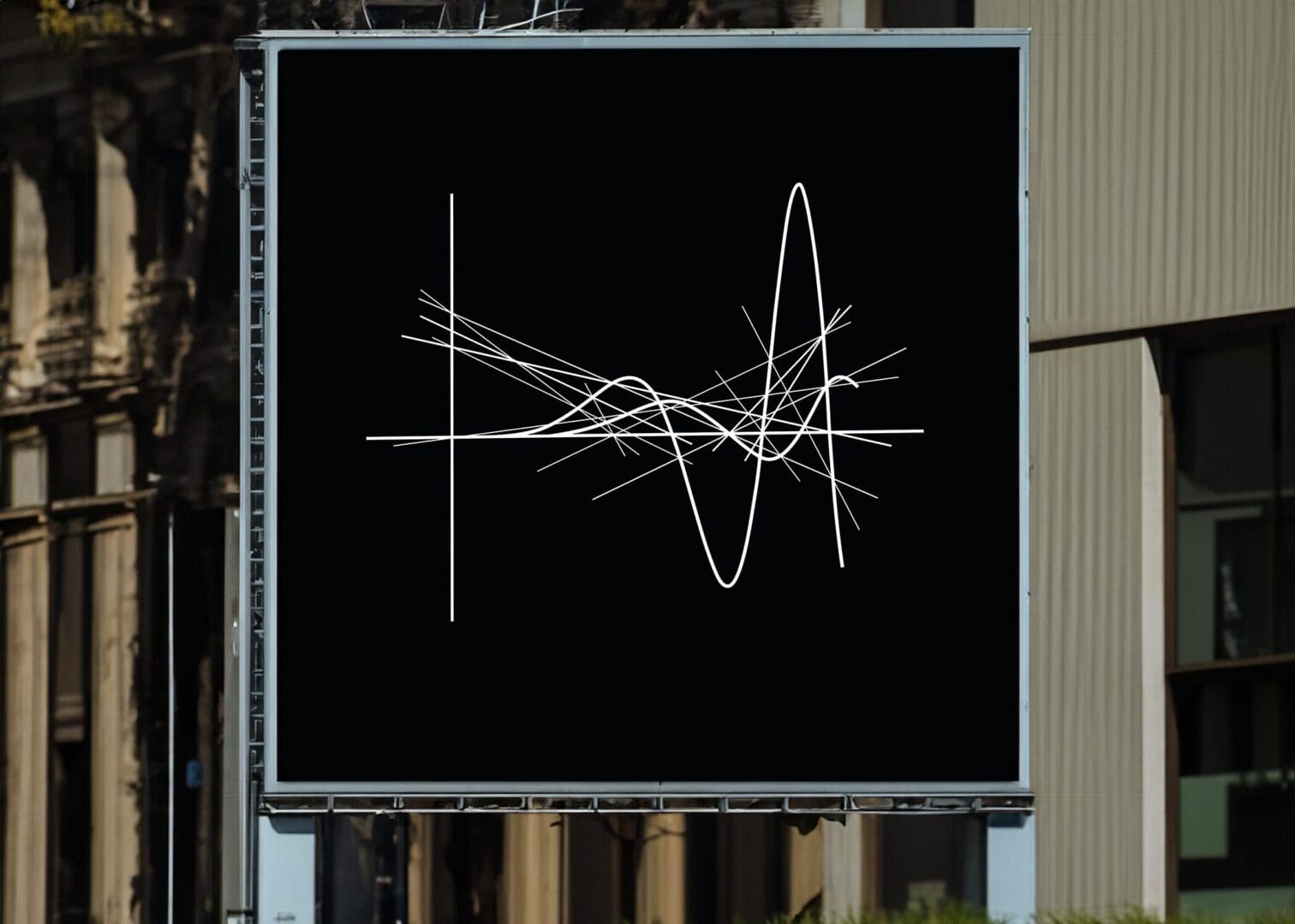 White waveform lines on black billboard