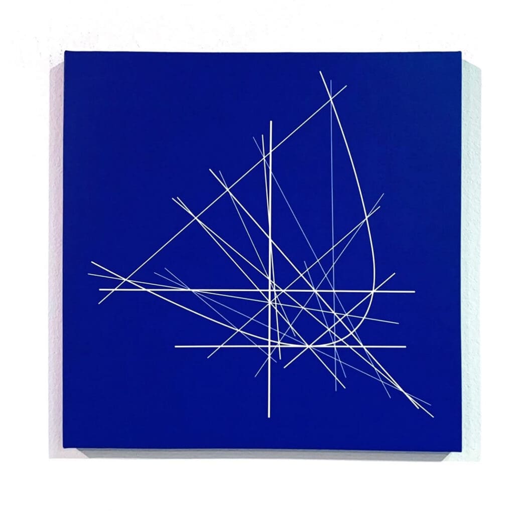 Blue poster with white intersecting geometric lines