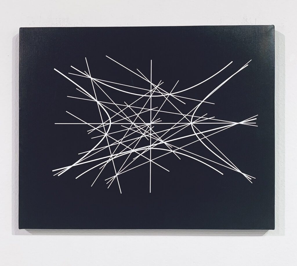 Abstract white hyperbola lines on black panel