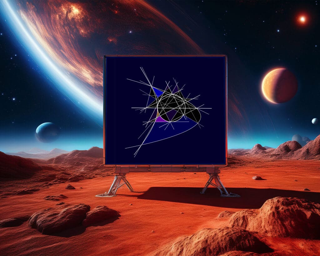Mars-like landscape with abstract display screen