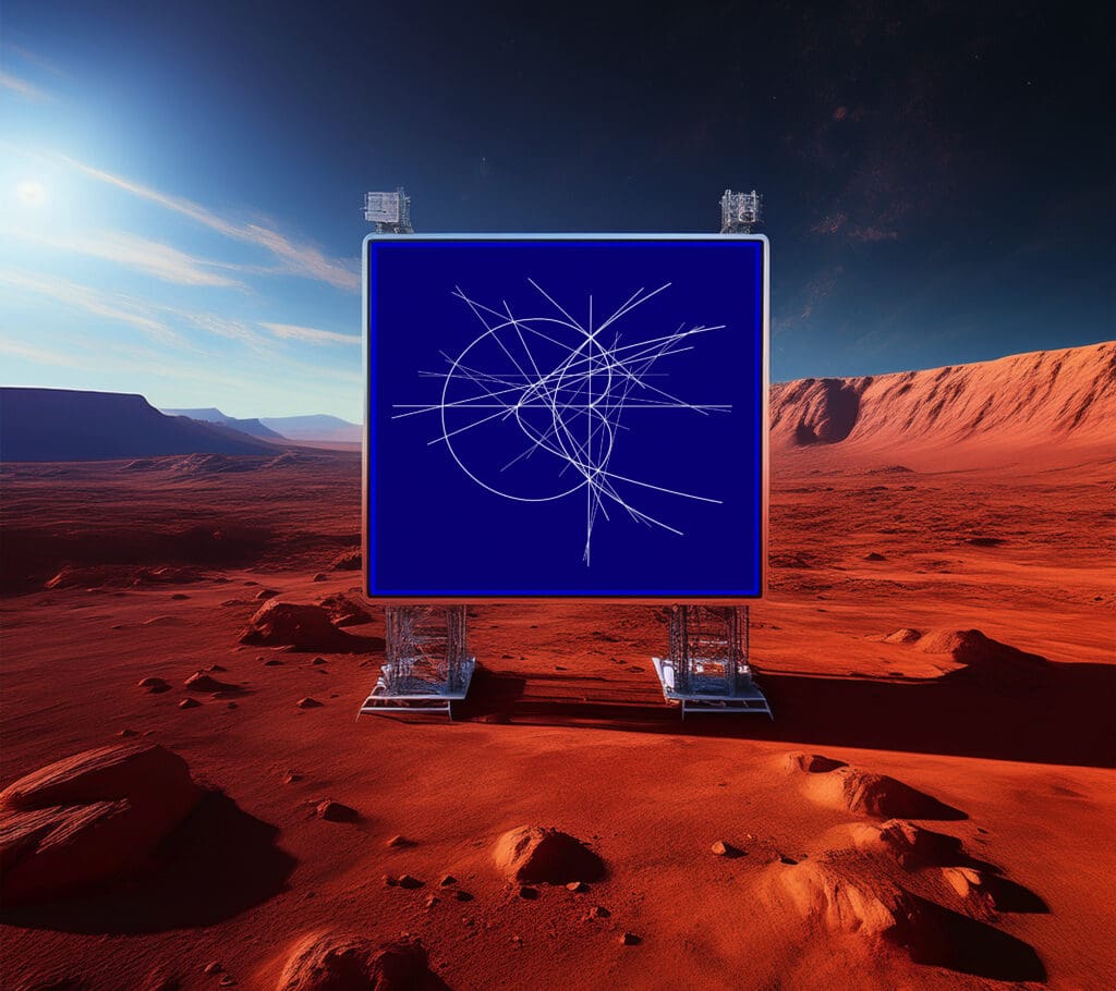 Blue abstract sign on red Martian landscape