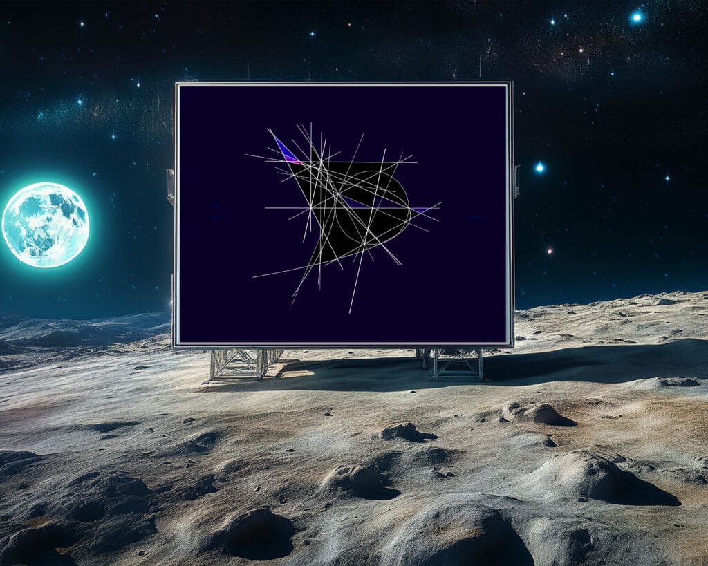 Abstract geometric display on moonlike landscape