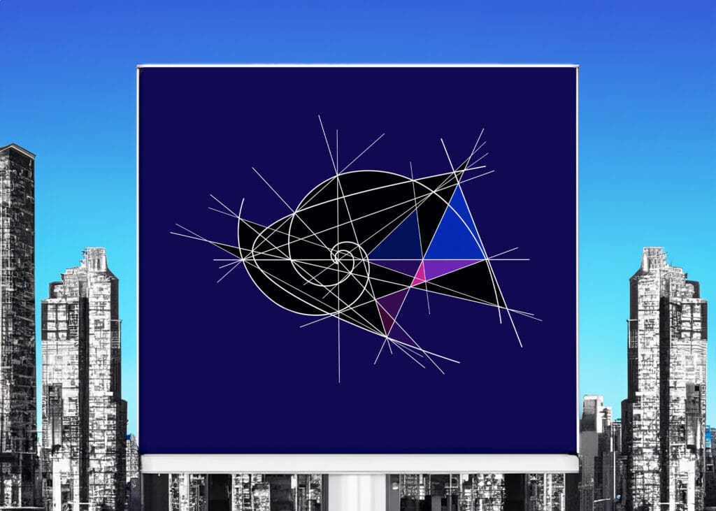 Abstract geometric billboard on city skyline