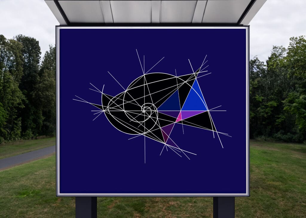 Close-up of geometric spiral on navy billboard