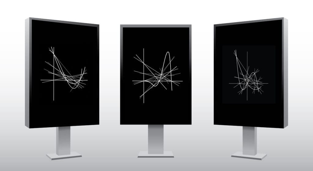 Three monitors displaying abstract white line graphs