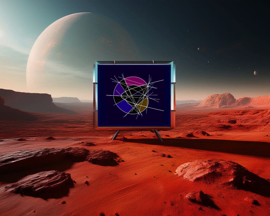 Abstract art display on alien red desert landscape