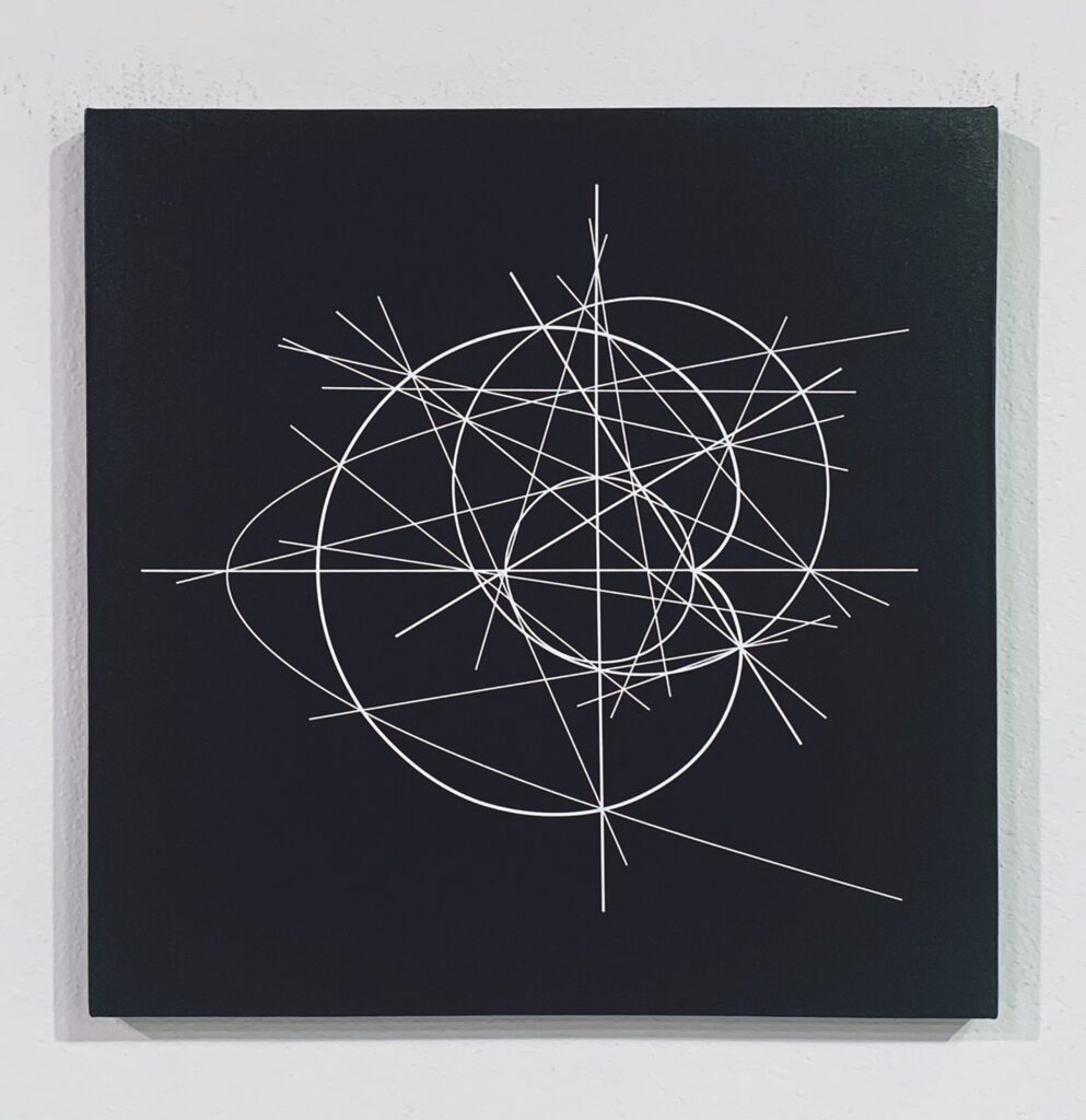 Black canvas with intersecting white lines and circles