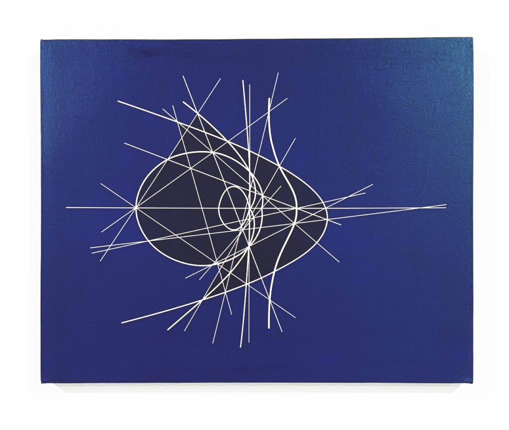 Intersecting white arcs and spikes on navy canvas