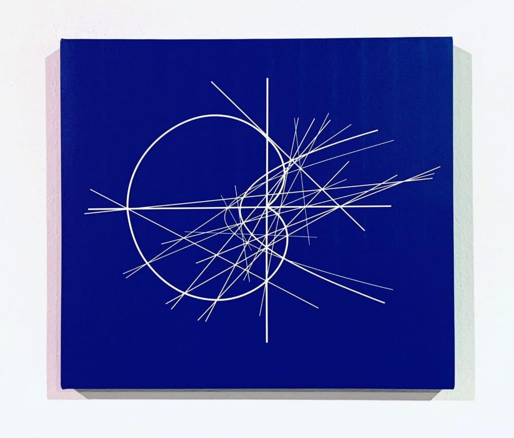 Navy canvas with intersecting circular and linear forms