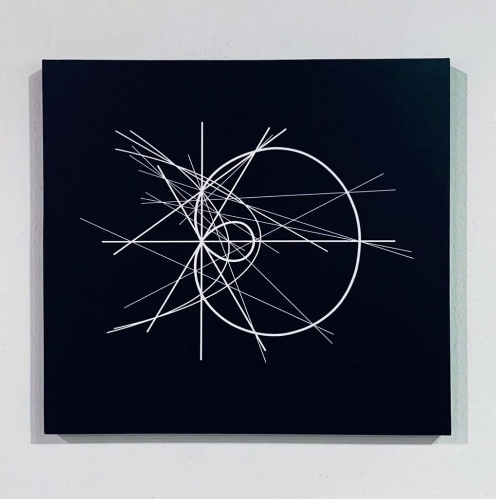 Minimal black painting with concentric circle and lines