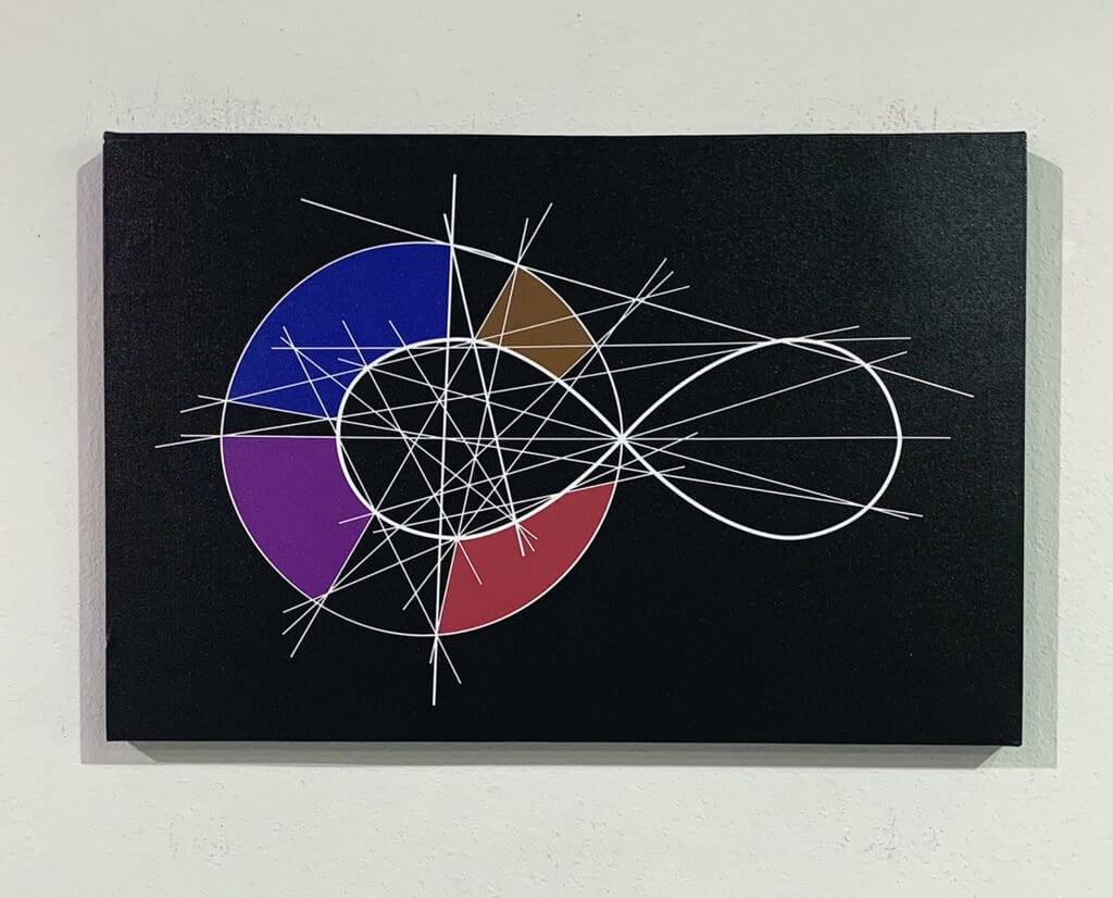 Abstract geometric painting with colored semicircles and lines