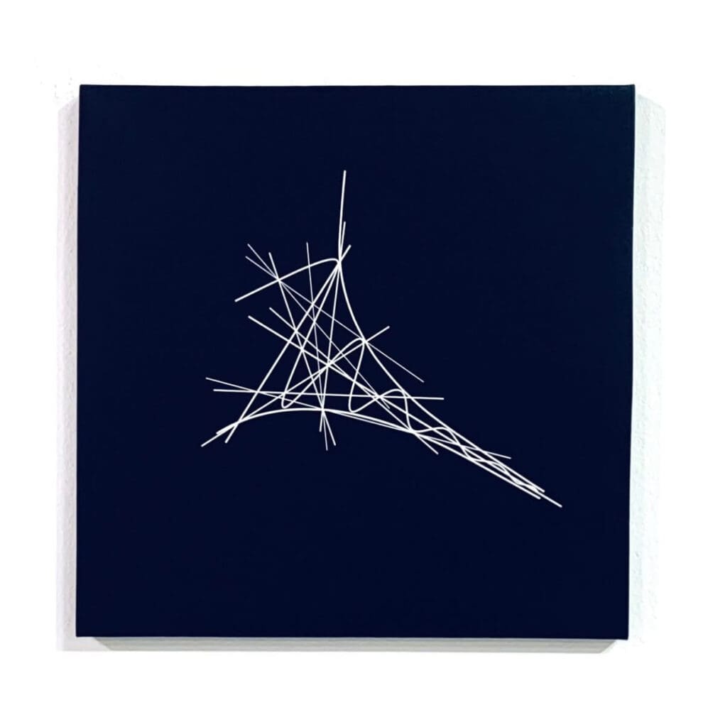 Dark square painting with geometric white scribble