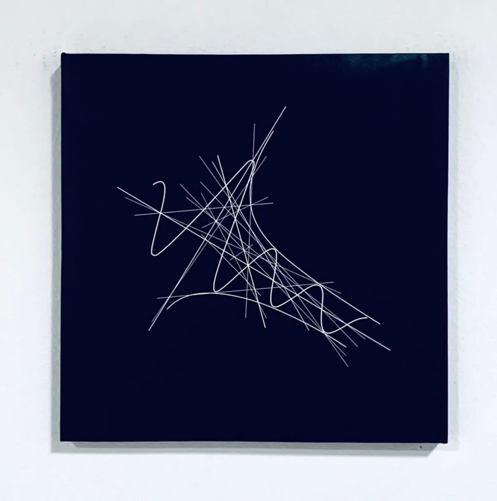 Black canvas with white abstract scribbled lines