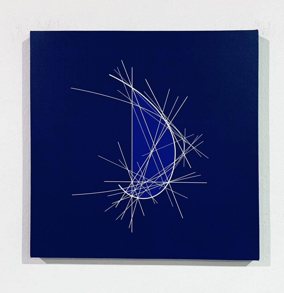 Blue canvas with white geometric crescent lines