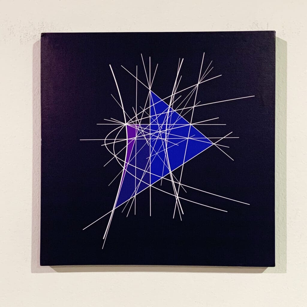 Geometric blue triangle overlapped by white intersecting lines