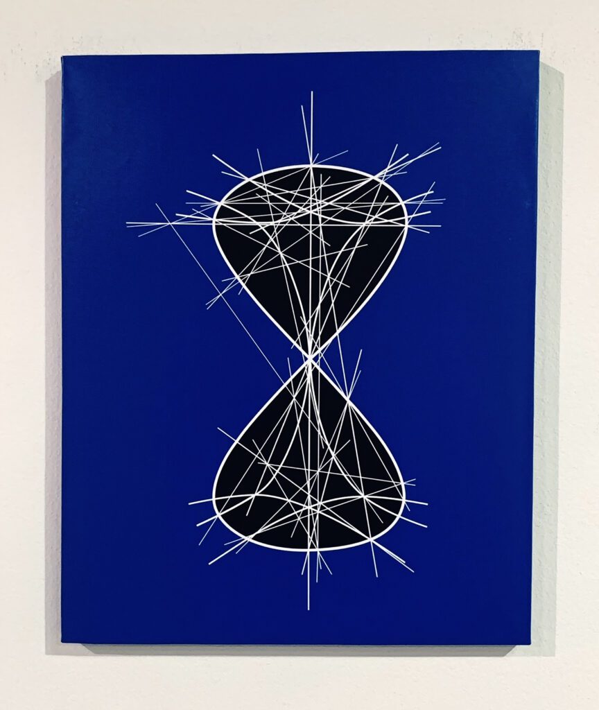 Cobalt painting of intersecting hourglass and spines