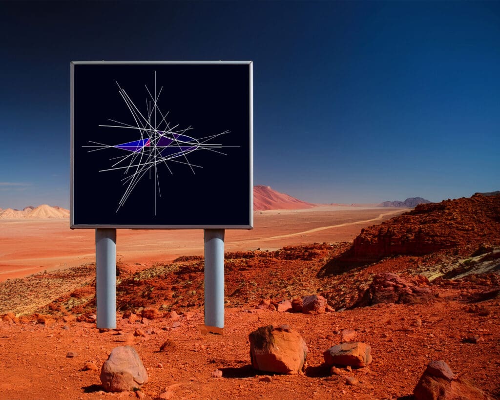 Geometric purple shapes on desert billboard