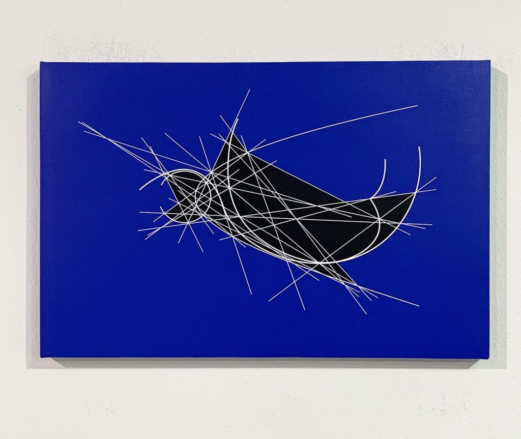 Abstract black shape crossed by white strokes