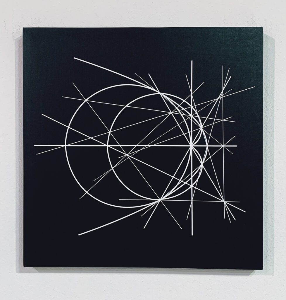 Black canvas with intersecting white circles and lines