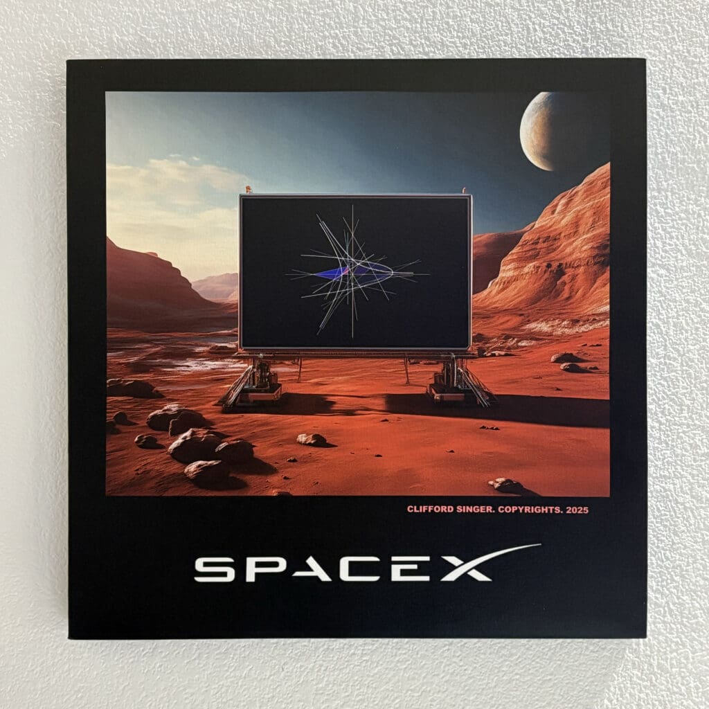 Framed Mars landscape poster with geometric black panel