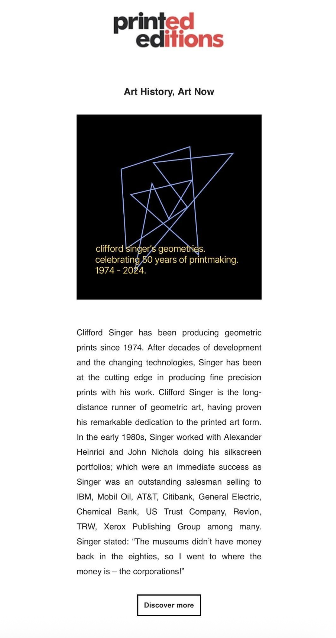 Clifford Singer's Geometries. Celebrating 50 Years of Printmaking.  1974 - 2024