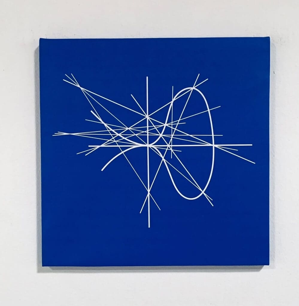 Royal blue panel featuring white linear starburst