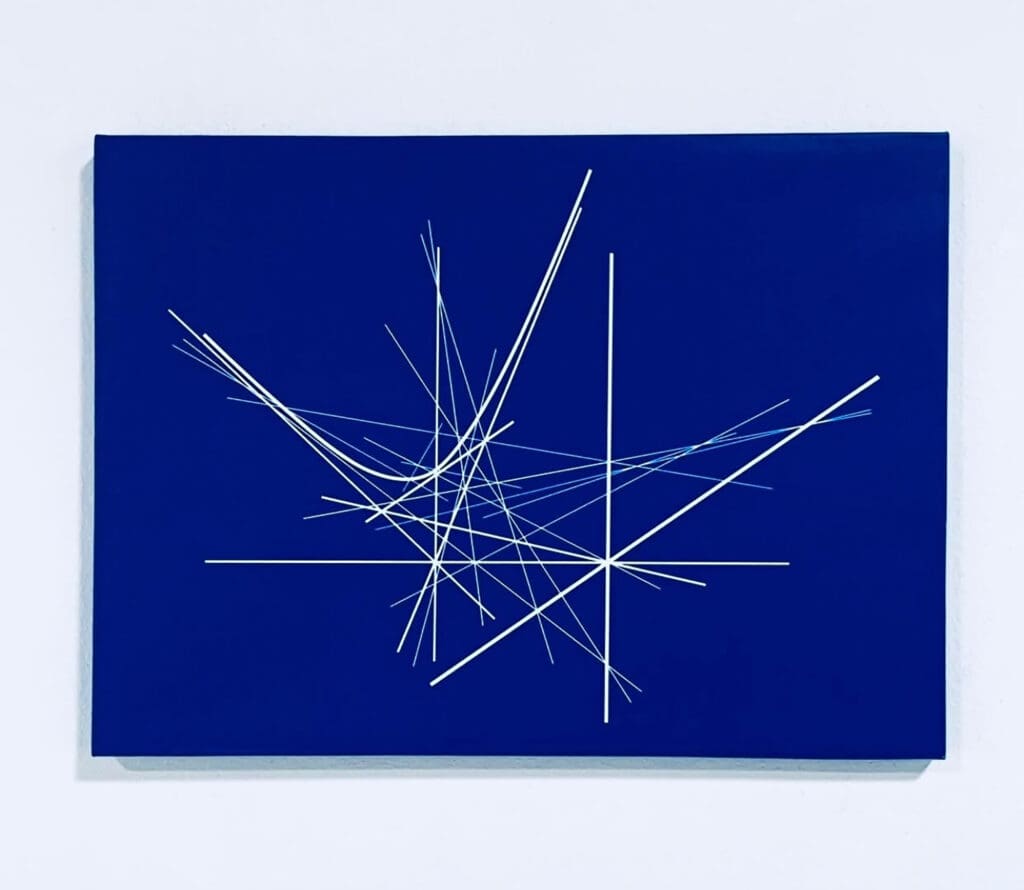 White geometric lines on deep blue canvas