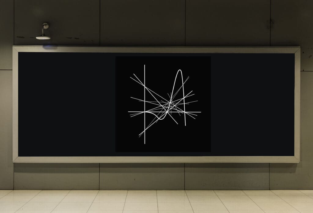 Black billboard with white abstract line art