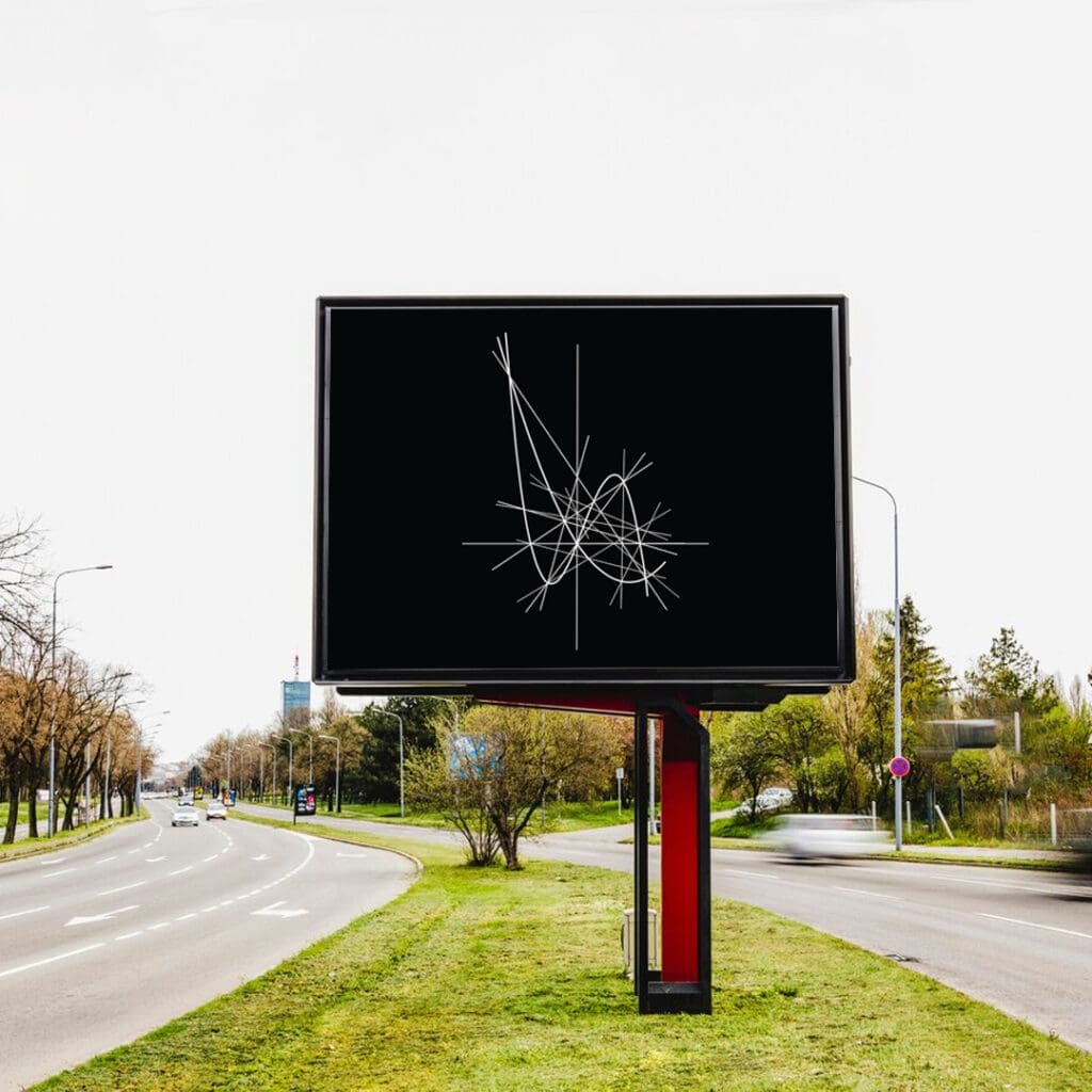 Roadside billboard with abstract white line art