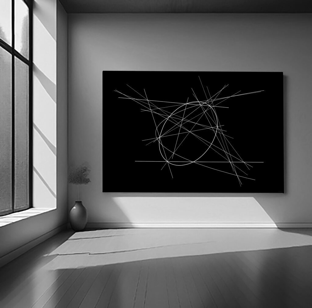 Sunlit room displaying blackboard conic sketch