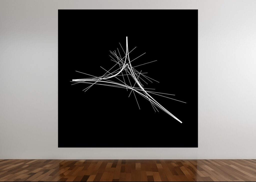 Black canvas with white geometric line composition