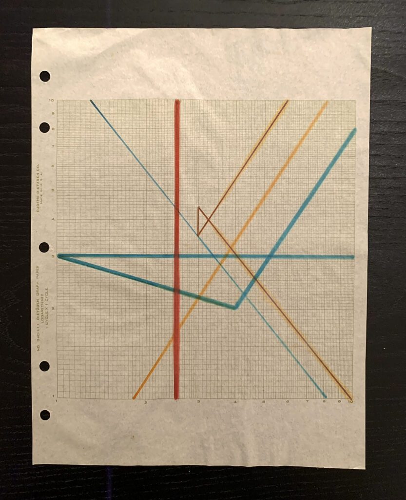 Colorful grid composition with teal and red lines