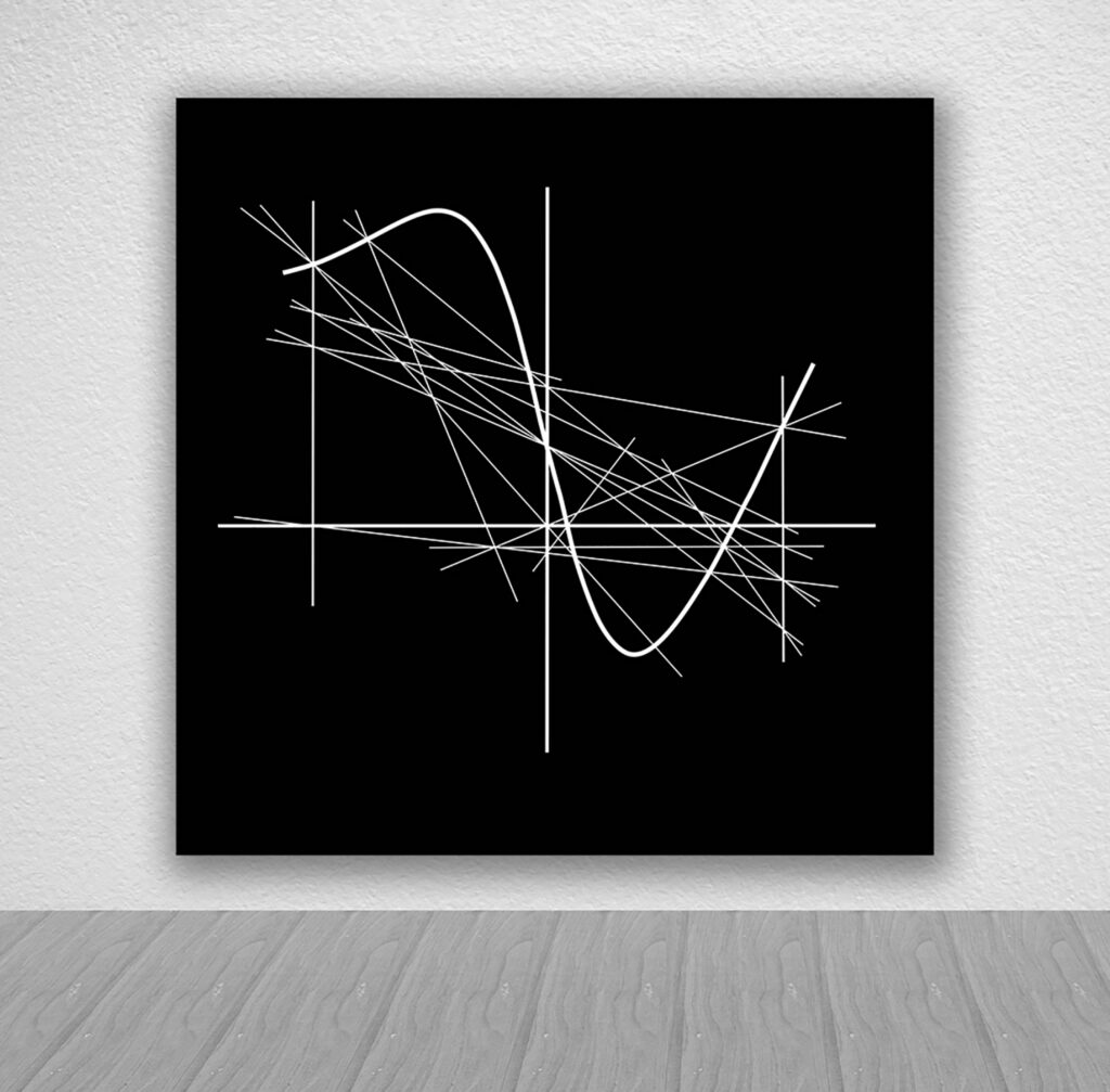 Black canvas with white intersecting lines and curve