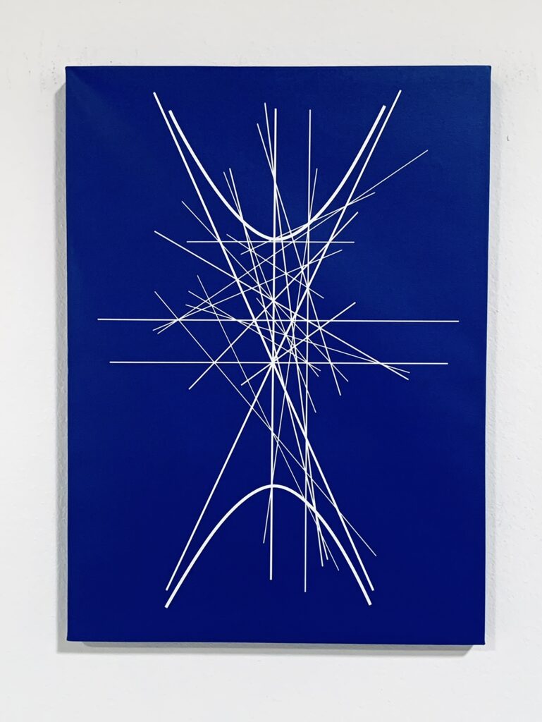 Abstract white lines on blue canvas