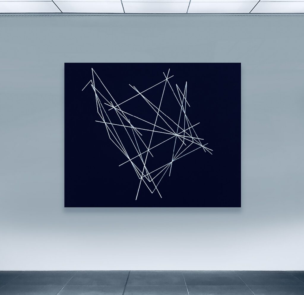 White linear composition on dark gallery canvas