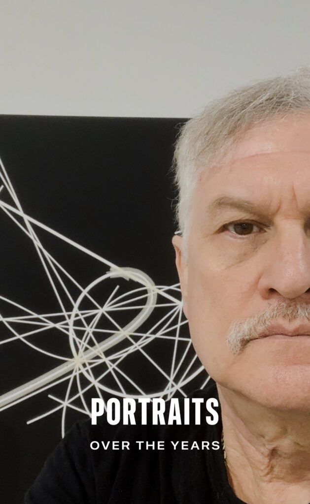 Half-face portrait of older man with artwork