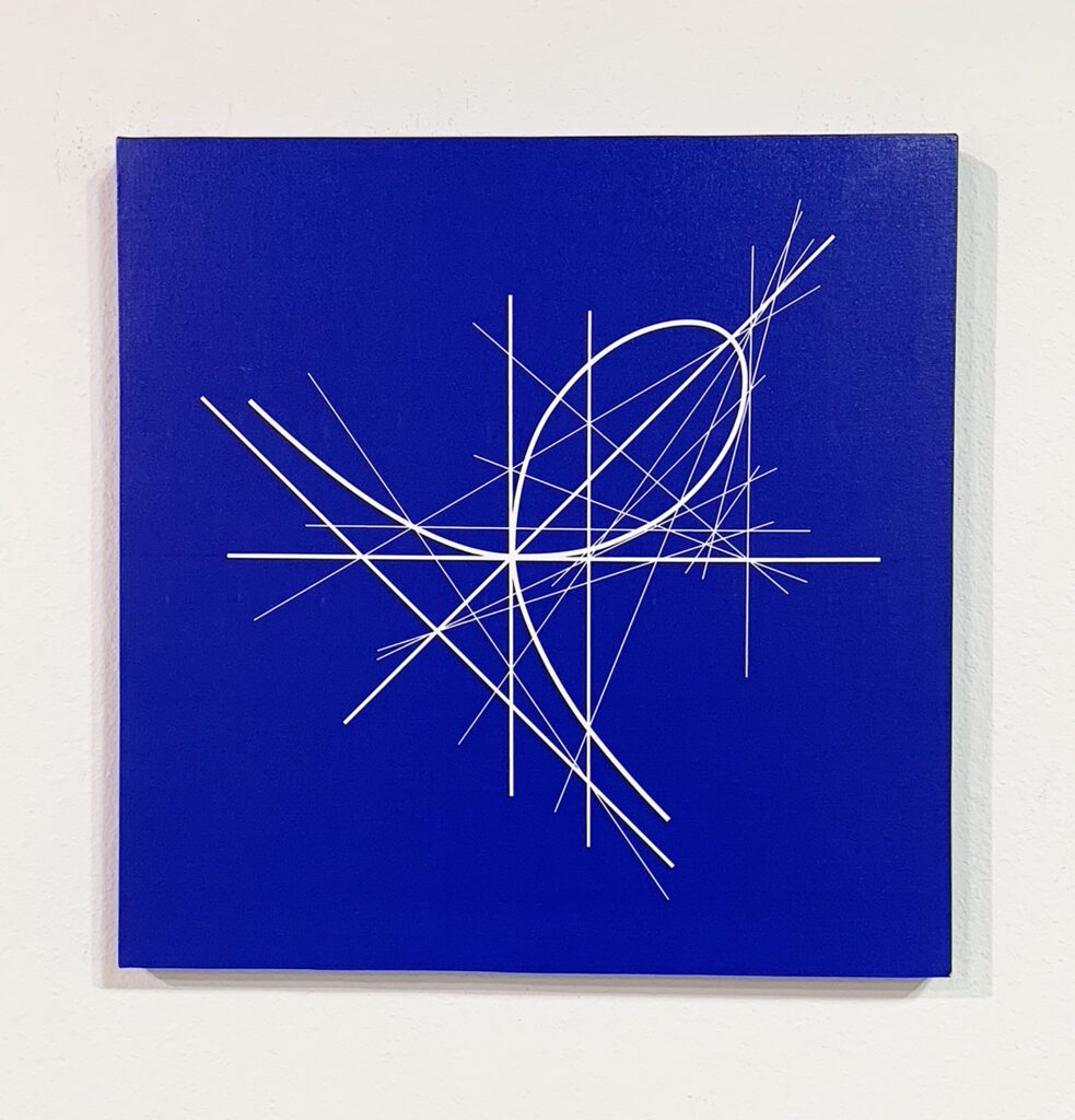 White strophoid lines on royal blue canvas