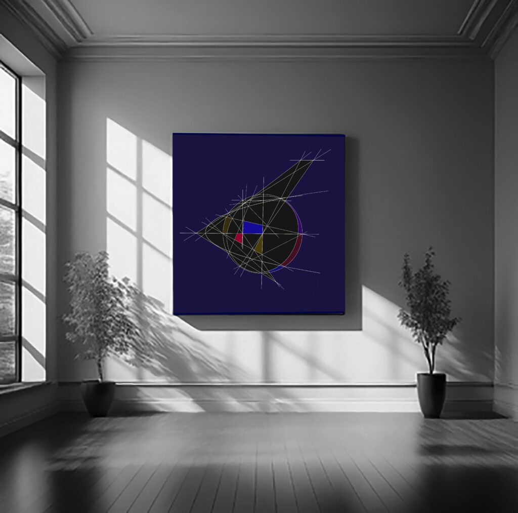 Abstract geometric painting in minimalist sunlit room