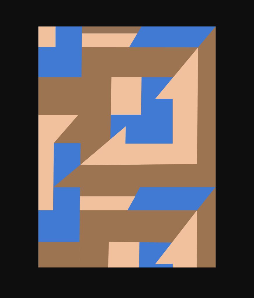 Abstract geometric poster with blue, brown, peach shapes