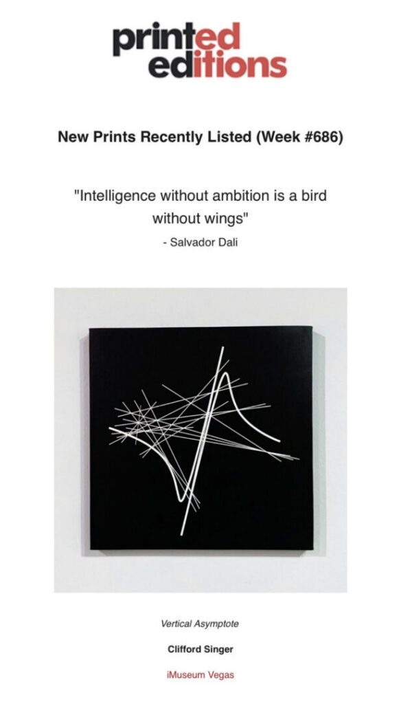 Newsletter page showing black abstract print Vertical Asymptote